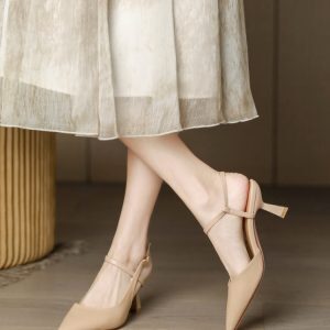 Nude Open-Toe Sandals for Women - Vintage Backless High Heels in Soft Sheepskin Leather - Spring/Summer 2025 Fashion Footwear
