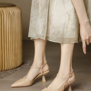 Nude Open-Toe Sandals for Women - Vintage Backless High Heels in Soft Sheepskin Leather - Spring/Summer 2025 Fashion Footwear