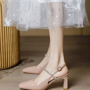 Nude Pink Chunky Heeled Sandals for Women - Rhinestone One-Strap, Open Back, Fairy Style, 2025 Summer Fashion