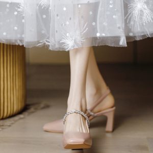 Nude Pink Chunky Heeled Sandals for Women - Rhinestone One-Strap, Open Back, Fairy Style, 2025 Summer Fashion