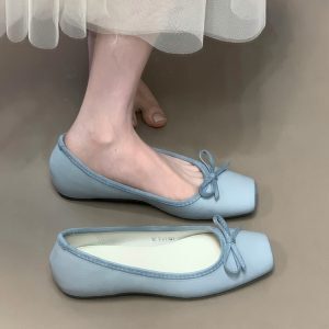 Ocean One Square-Toe Ballet Flats with Bow, Shallow Mouth, Hidden Height Increase - Stylish Mary Jane Shoes for Skirts and Dresses