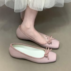 Ocean One Square-Toe Ballet Flats with Bow, Shallow Mouth, Hidden Height Increase - Stylish Mary Jane Shoes for Skirts and Dresses