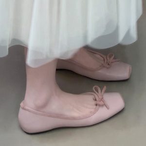 Ocean One Square-Toe Ballet Flats with Bow, Shallow Mouth, Hidden Height Increase - Stylish Mary Jane Shoes for Skirts and Dresses