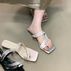 Ocean One Water Diamond Thin Strap Sandals for Women - French High-End Low-Heeled Slide Sandals Perfect for Skirts and Dresses
