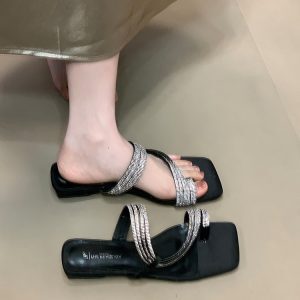 Ocean One Water Diamond Thin Strap Sandals for Women - French High-End Low-Heeled Slide Sandals Perfect for Skirts and Dresses