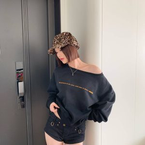 Off-Shoulder Distressed One-Shoulder Sweatshirt for Women - Vintage Casual Loose Long Sleeve Top for Spring 2025