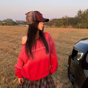 Off-Shoulder Distressed One-Shoulder Sweatshirt for Women - Vintage Casual Loose Long Sleeve Top for Spring 2025