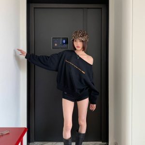 Off-Shoulder Distressed One-Shoulder Sweatshirt for Women - Vintage Casual Loose Long Sleeve Top for Spring 2025