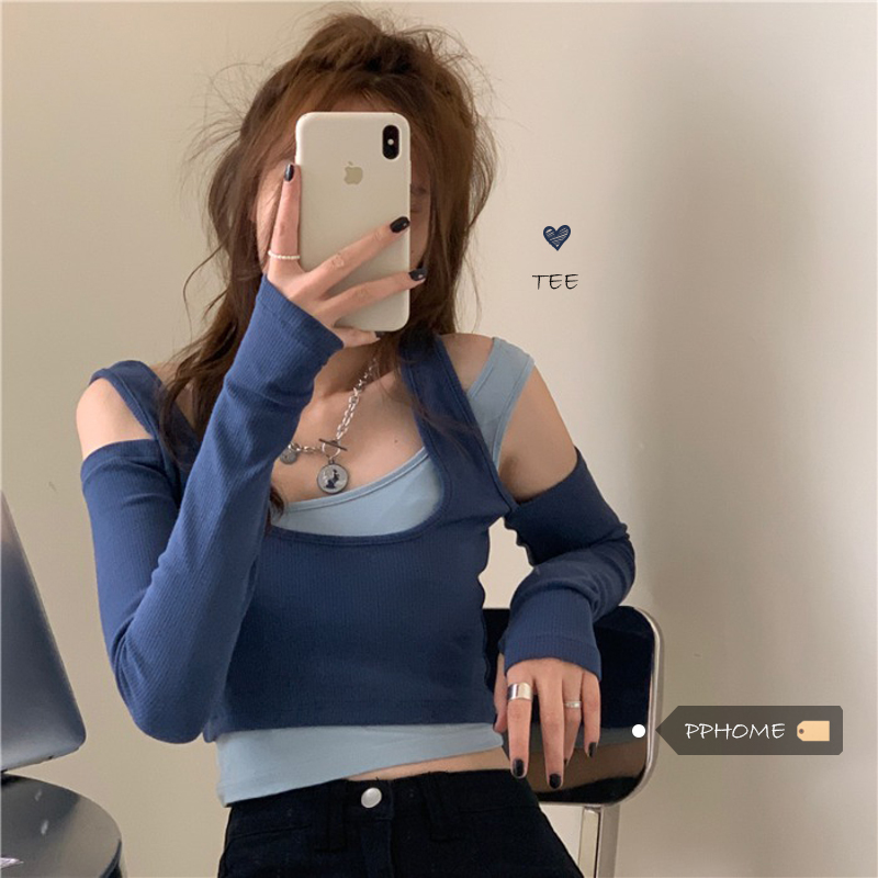 Off-Shoulder Faux Two-Piece T-Shirt for Spicy Girls, Layered Design for Jazz Dance Groups, Trendy INS Style