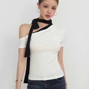 Off-Shoulder Fitted Summer Mermaid Style Tie Strap Short-Sleeve T-Shirt for Office Wear - Flowy and Chic Summer Essential