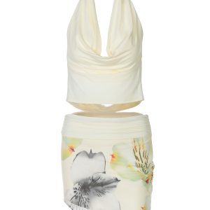 Off-Shoulder Halter Top with Double-Layer Mesh and Printed Spliced Skirt Set - Sexy European and American Style Fashion