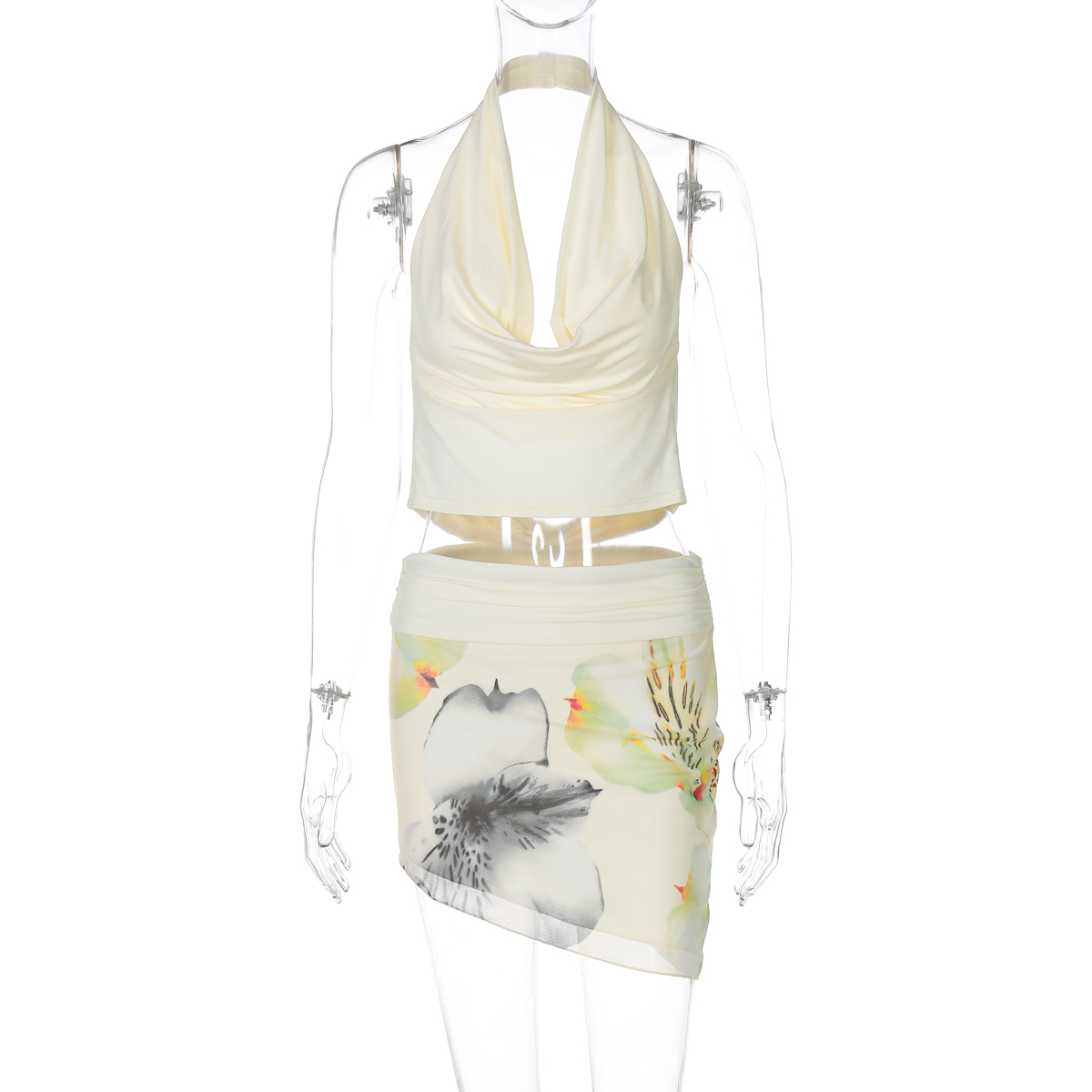 Off-Shoulder Halter Top with Double-Layer Mesh and Printed Spliced Skirt Set - Sexy European and American Style Fashion