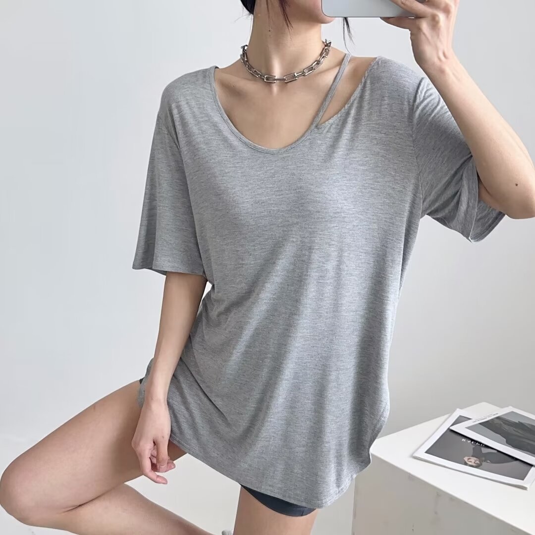 Off-Shoulder Hollowed-Out Short Sleeve T-Shirt for Women, 2024 Summer Loose Top, Trendy Y2K Fashion