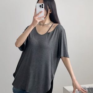 Off-Shoulder Hollowed-Out Short Sleeve T-Shirt for Women, 2024 Summer Loose Top, Trendy Y2K Fashion