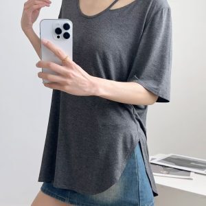 Off-Shoulder Hollowed-Out Short Sleeve T-Shirt for Women, 2024 Summer Loose Top, Trendy Y2K Fashion