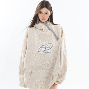 Off-Shoulder Hoodie Sweatshirt with Thin Metal Zipper - Early Autumn Fashion Essentials, Trendy Street Style, Casual Chic