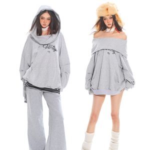 Off-Shoulder Hoodie Top for Women - Versatile One-Shoulder Style, Loose Fit, Perfect for Autumn and Winter, Spicy Girl Fashion