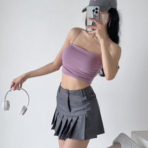 Off-Shoulder Jazz Street Dance Crop Top with Chest Pad and Side Pleats - Thin Strap Midriff-Baring Outerwear Tank for Women