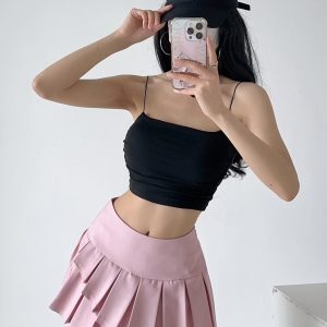 Off-Shoulder Jazz Street Dance Crop Top with Chest Pad and Side Pleats - Thin Strap Midriff-Baring Outerwear Tank for Women