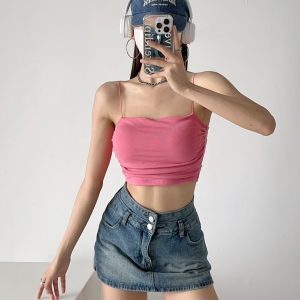 Off-Shoulder Jazz Street Dance Crop Top with Chest Pad and Side Pleats - Thin Strap Midriff-Baring Outerwear Tank for Women