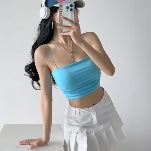 Off-Shoulder Jazz Street Dance Crop Top with Chest Pad and Side Pleats - Thin Strap Midriff-Baring Outerwear Tank for Women
