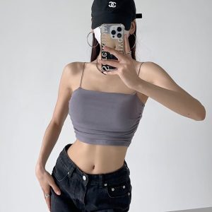 Off-Shoulder Jazz Street Dance Crop Top with Chest Pad and Side Pleats - Thin Strap Midriff-Baring Outerwear Tank for Women