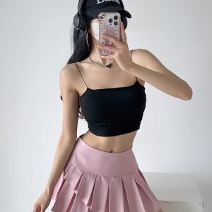 Off-Shoulder Jazz Street Dance Crop Top with Chest Pad and Side Pleats - Thin Strap Midriff-Baring Outerwear Tank for Women