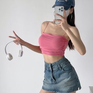 Off-Shoulder Jazz Street Dance Crop Top with Chest Pad and Side Pleats - Thin Strap Midriff-Baring Outerwear Tank for Women