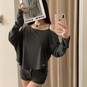 Off-Shoulder Kpop Jazz Street Dance Casual T-Shirt Cover-Up for Women - Stylish Summer Thin Fitted Top