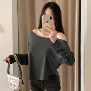 Off-Shoulder Kpop Jazz Street Dance Casual T-Shirt Cover-Up for Women - Stylish Summer Thin Fitted Top