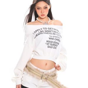 Off-Shoulder Letter Print Short Sweatshirt for Women - American Style Early Spring Hot Girl One-Shoulder Top