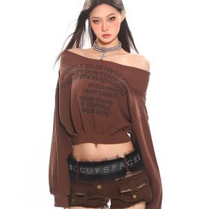 Off-Shoulder Letter Print Short Sweatshirt for Women - American Style Early Spring Hot Girl One-Shoulder Top