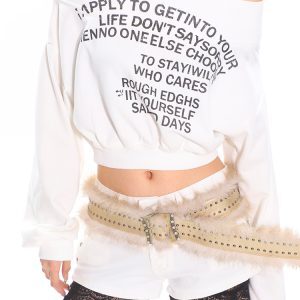 Off-Shoulder Letter Print Short Sweatshirt for Women - American Style Early Spring Hot Girl One-Shoulder Top