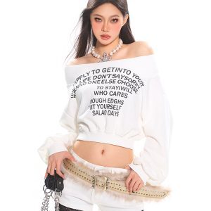 Off-Shoulder Letter Print Short Sweatshirt for Women - American Style Early Spring Hot Girl One-Shoulder Top