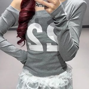 Off-Shoulder Letter Print Top with Slanted Shoulder and Lace Detail + Gray Jazz Dance Long Pants for Women
