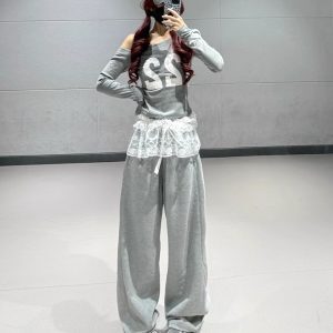 Off-Shoulder Letter Print Top with Slanted Shoulder and Lace Detail + Gray Jazz Dance Long Pants for Women