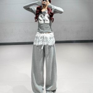 Off-Shoulder Letter Print Top with Slanted Shoulder and Lace Detail + Gray Jazz Dance Long Pants for Women