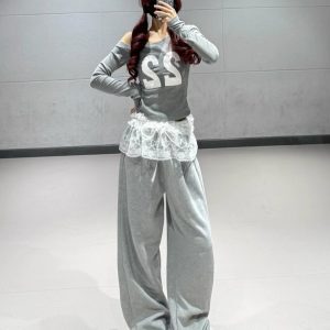 Off-Shoulder Letter Print Top with Slanted Shoulder and Lace Detail + Gray Jazz Dance Long Pants for Women