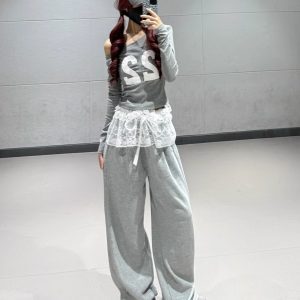 Off-Shoulder Letter Print Top with Slanted Shoulder and Lace Detail + Gray Jazz Dance Long Pants for Women