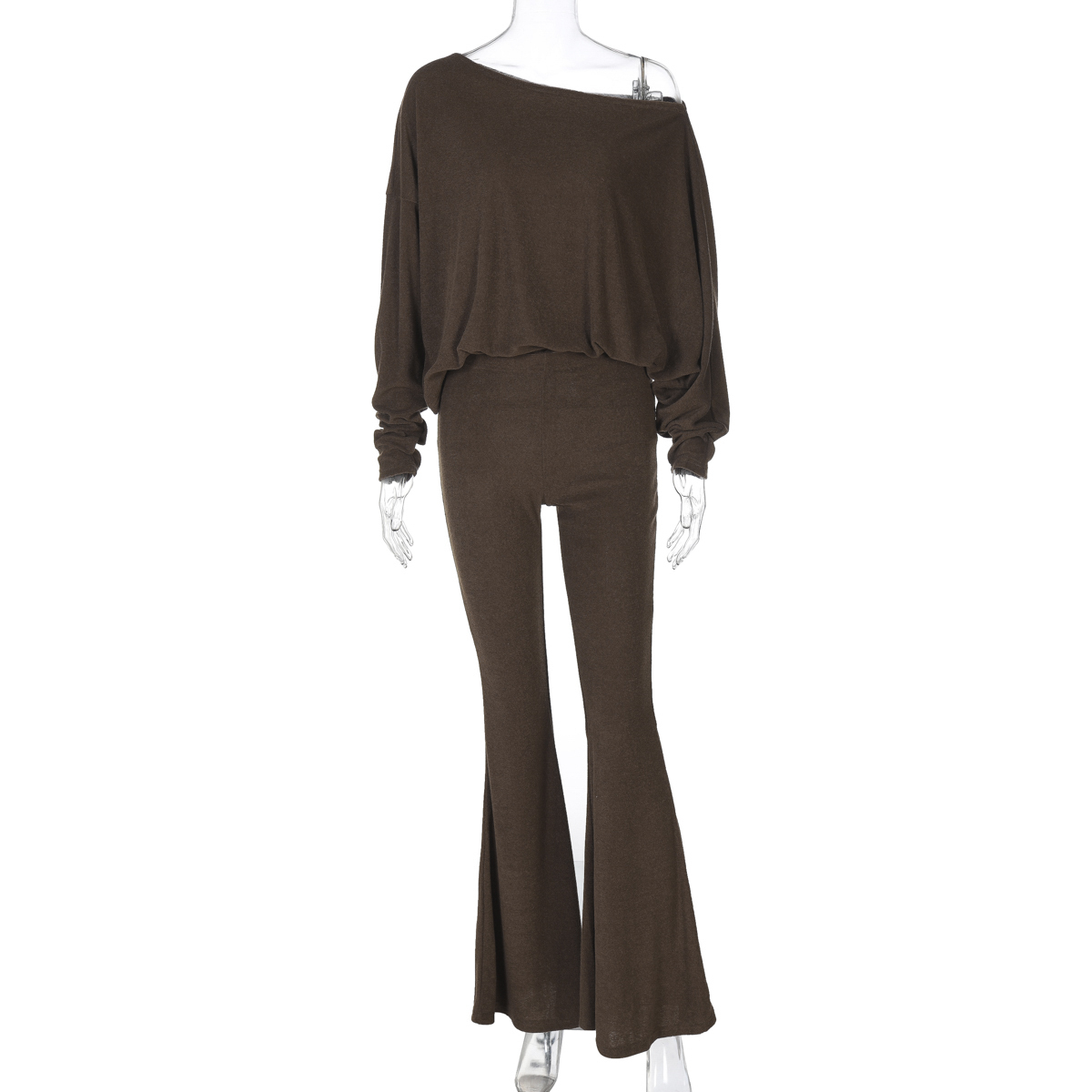 Off-Shoulder Long Sleeve Fashion Suit for Women, Loose Drape Top with Flared Fitted Pants, Trendy 90s Style