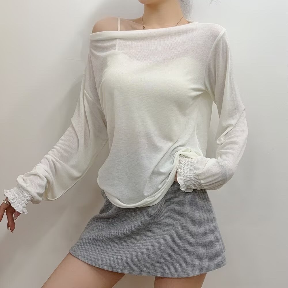 Off-Shoulder Long Sleeve Kpop Jazz Street Dance T-Shirt for Women - Thin Sun Protection Loose Fit Top