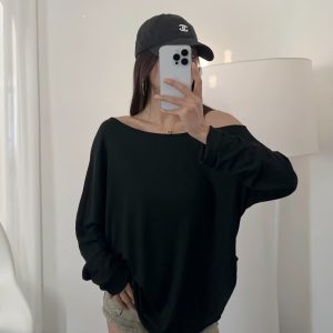 Off-Shoulder Long Sleeve T-Shirt for Women - Jazz Street Dance Pilates Style, Autumn Winter Spicy Girl Cover-Up Top