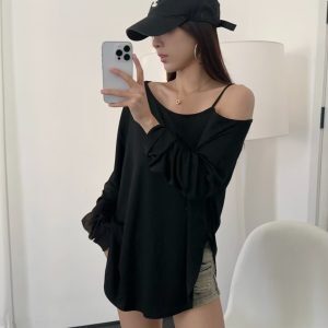 Off-Shoulder Long Sleeve T-Shirt for Women - Jazz Street Dance Pilates Style, Autumn Winter Spicy Girl Cover-Up Top