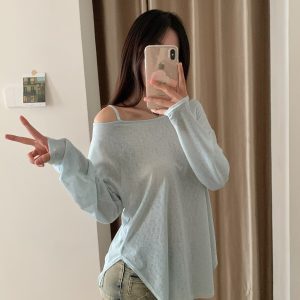 Off-Shoulder Long Sleeve T-Shirt for Women - Jazz Street Dance Style, Sun Protection, Slightly Sheer, Trendy Urban Fashion Top