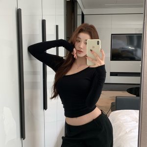 Off-Shoulder Long Sleeve T-Shirt for Women, Hollow Back Design, Layering Top, Tight-Fitting, Spicy Girl Style, Y2K Fashion