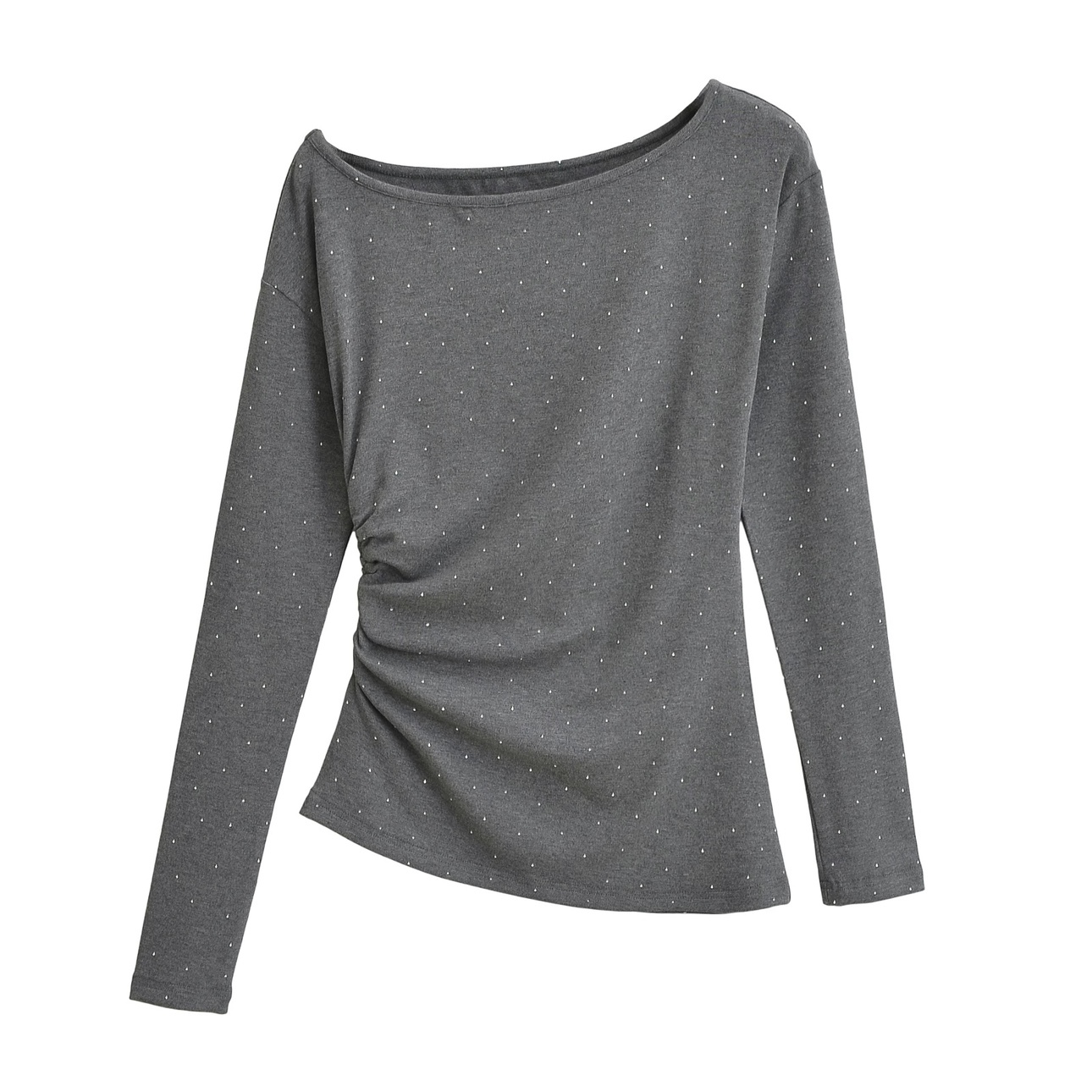 Off-Shoulder Rhinestone Long Sleeve T-Shirt for Women - Kpop Jazz American Style Slim-Fit Sexy Shoulder-Baring Top