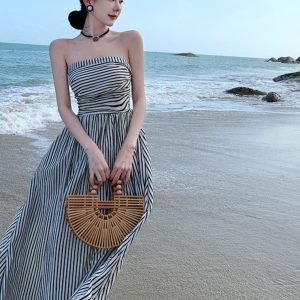 Off-Shoulder Ruched Fitted High-Waisted A-Line Striped Dress for Summer French Seaside Vacation