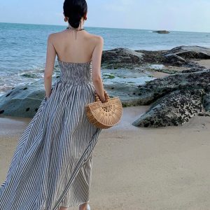 Off-Shoulder Ruched Fitted High-Waisted A-Line Striped Dress for Summer French Seaside Vacation