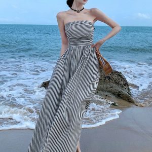 Off-Shoulder Ruched Fitted High-Waisted A-Line Striped Dress for Summer French Seaside Vacation