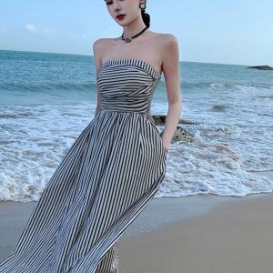 Off-Shoulder Ruched Fitted High-Waisted A-Line Striped Dress for Summer French Seaside Vacation
